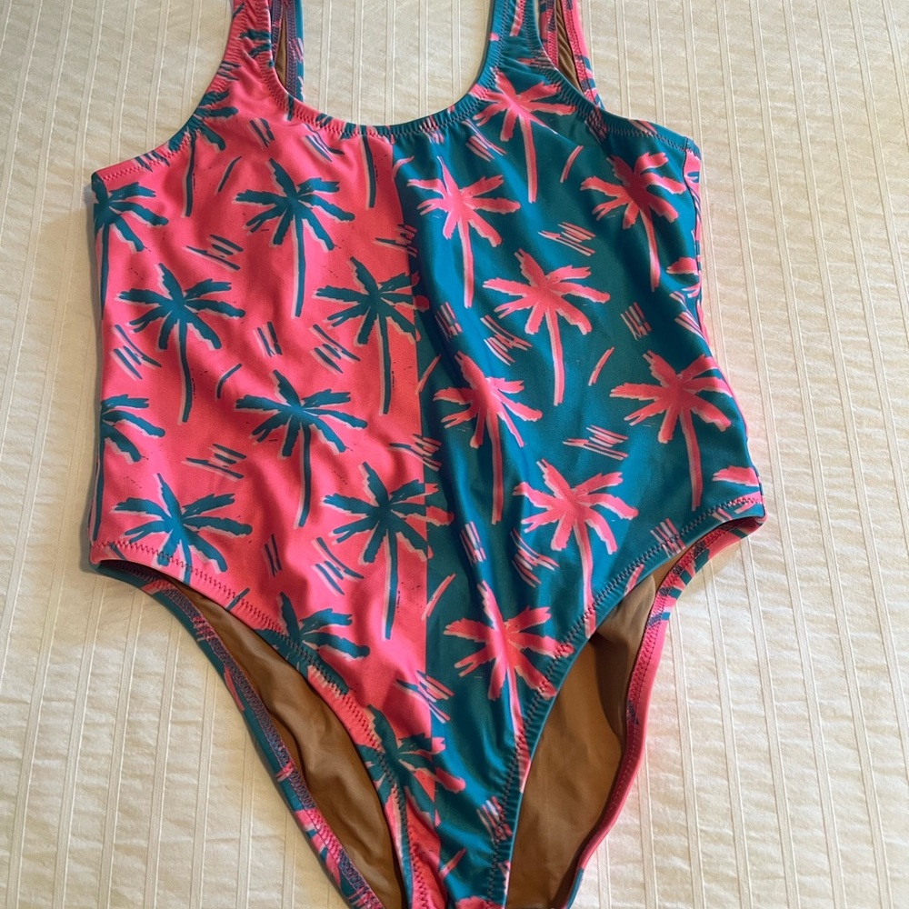 Chubbies Neon Pink and Blue Tropical One Piece Swimsuit